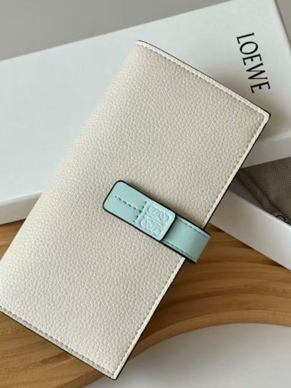 Loewe Off White Bi-Fold Long Wallet Mint Contrast Anagram Logo Tab Closure